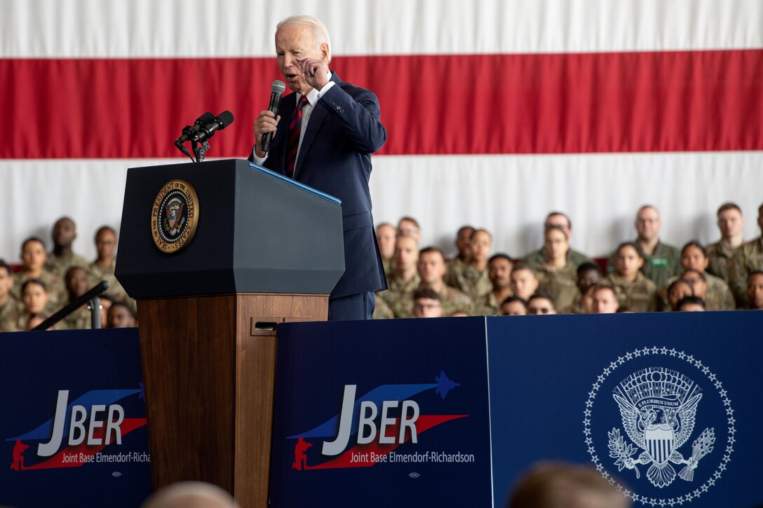 U.S. President Joe Biden speaks to more than 1,000 service members to commemorate the 22nd anniversary of the terrorist attacks of 9/11 during a remembrance ceremony at Joint Base Elmendorf-Richardson, Alaska, Sept. 11, 2023