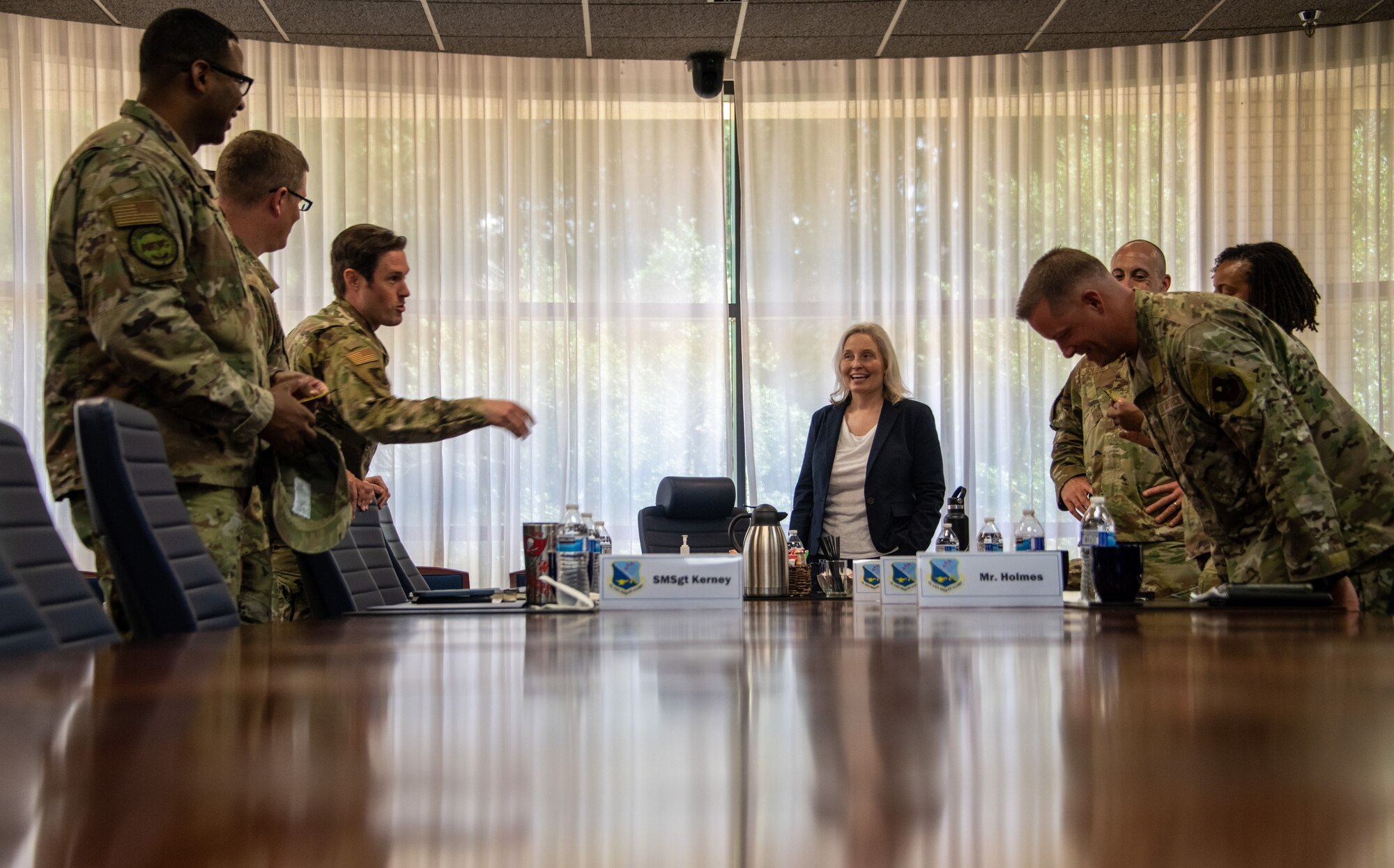 Crystal Moore, director of Force Development, Headquarters Air Force, receives a briefing from Senior Noncommissioned Officer Academy and Chief Leadership Academy staff at Kisling Hall during an enlisted professional military education immersion at Maxwell Air Force Base, Gunter Annex, Ala., Sept. 7, 2023. (U.S. Air Force photo/Brian Ferguson)