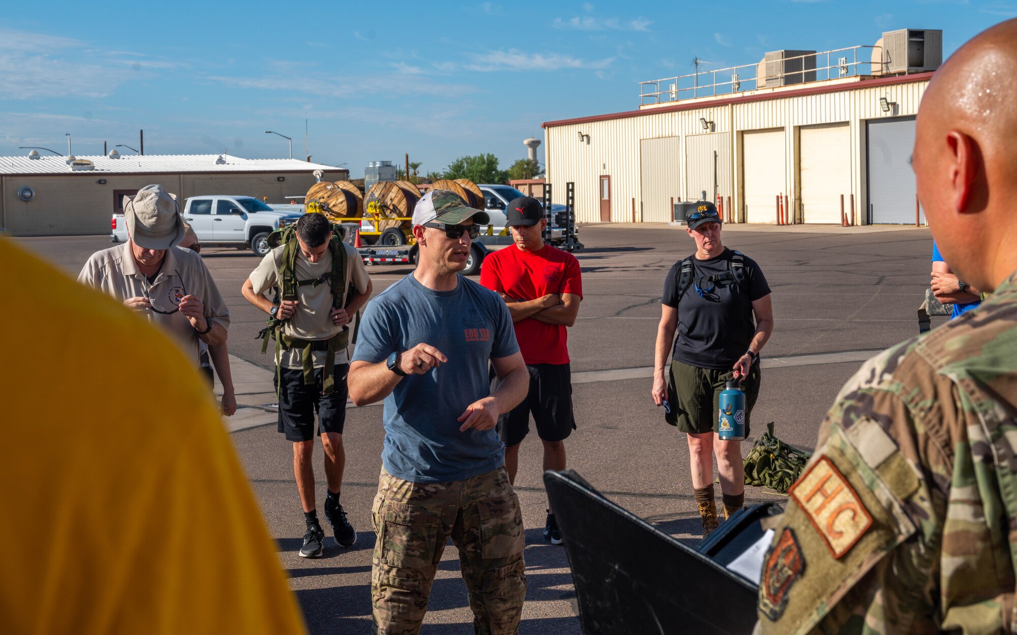 U.S. Air Force Maj. Weston Thomsen, 56th Civil Engineer Squadron explosive ordnance disposal flight commander provides opening remarks during the CES 9/11 Commemorative Ruck Sept. 11, 2023, at Luke Air Force Base, Arizona.
