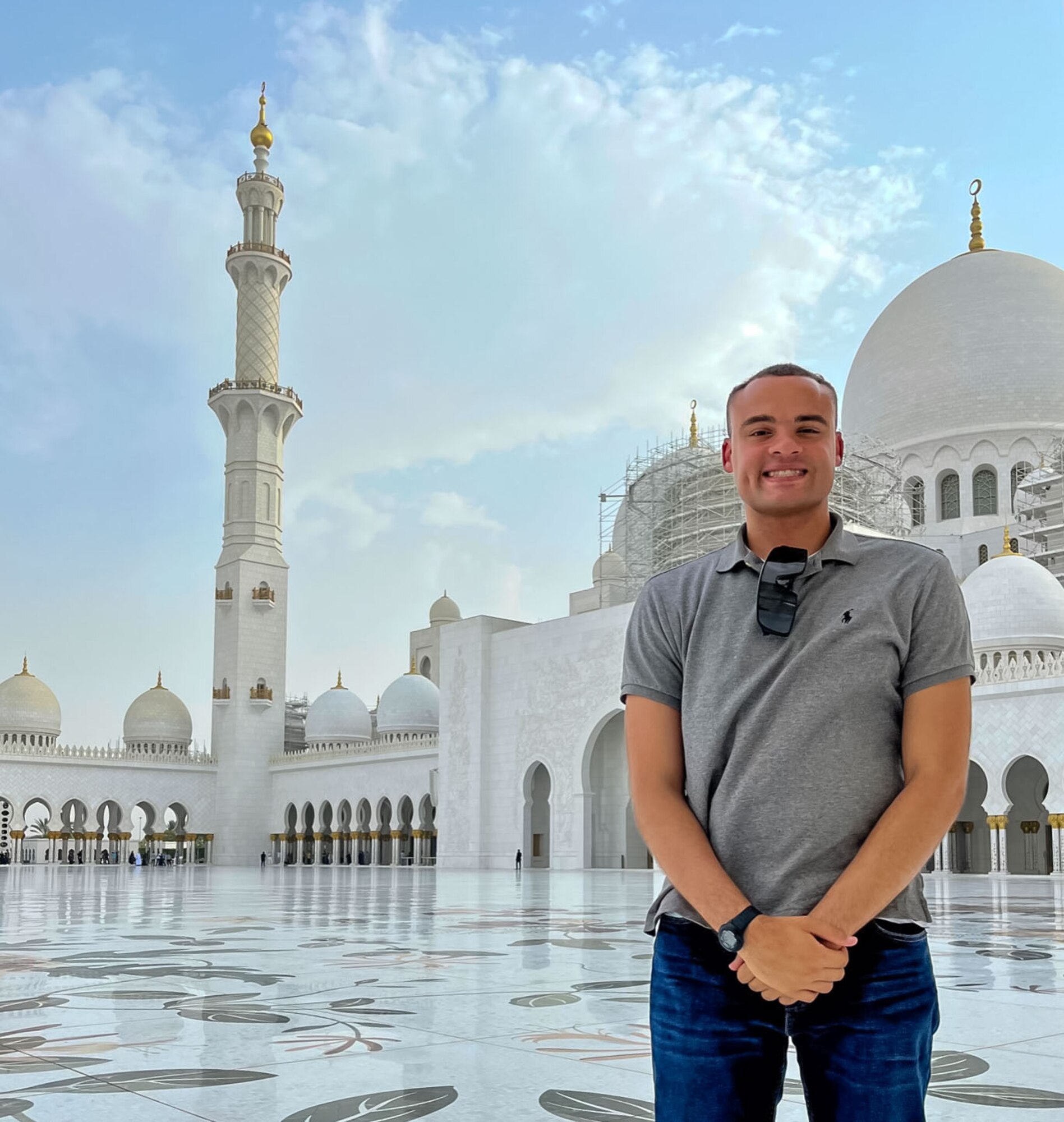 An Airman stands in front of the Sheikh Zayed Grand Mosque.