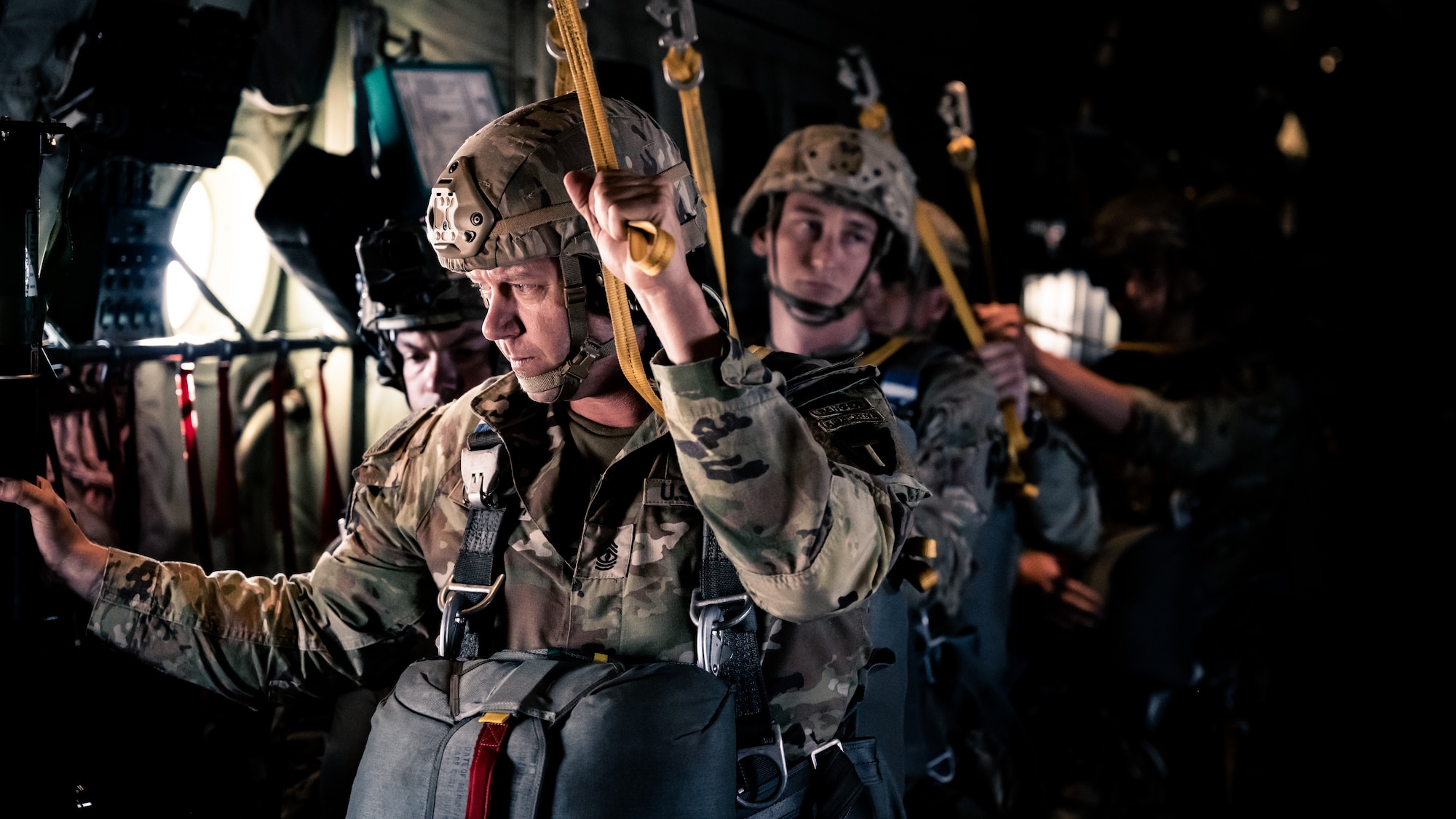 Texas Army National Guard Soldiers assigned to the 1st Battalion, 143rd Infantry Airborne Regiment prepare to jump from a C-130J Super Hercules from the 386th Air Expeditionary Wing during an airborne operation over Egypt in support of exercise Bright Star 23, Sept. 7, 2023. Bright Star 23 is a multilateral U.S. Central Command exercise held with the Arab Republic of Egypt across air, land, and sea domains that promotes and enhances regional security and cooperation, and improves interoperability in irregular warfare against hybrid threat scenarios.