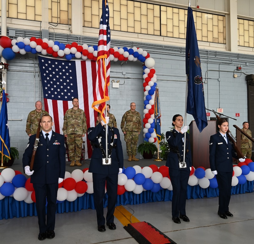 An assumption of command ceremony is held at Biddle Air National Guard Base on Saturday, Sept. 9, 2023. Col. Lynn M. Lee assumed command of the 111ATKW, making her the first female commander in the Wing's 80-year history. (U.S. Air National Guard photo by Staff Sgt. Timi Jones)