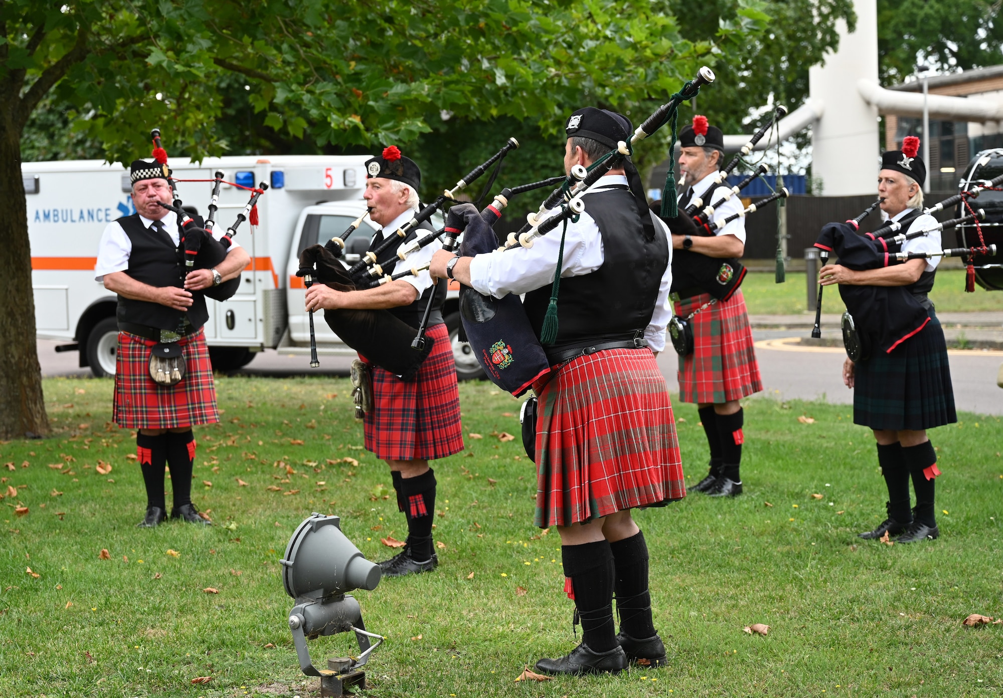 Bagpipers play “Amazing Grace” at the end of a 9/11 memorial ceremony at Royal Air Force Lakenheath, England, Sept. 11, 2023. The ceremony marked the 22nd anniversary of the terrorist attacks. (U.S. Air Force photo by Karen Abeyasekere)