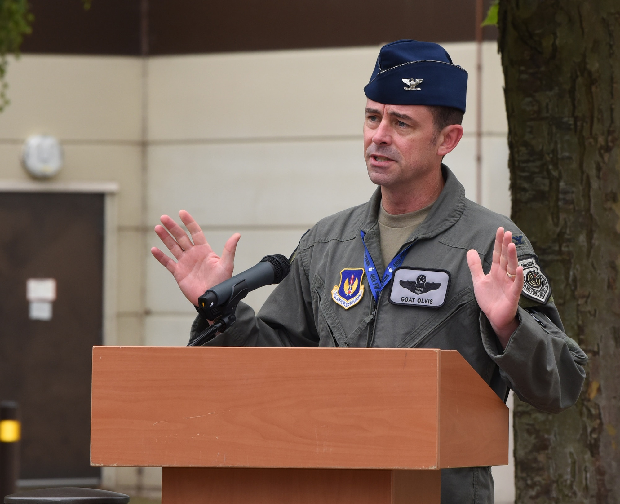U.S. Air Force Col. Robert Olvis, 48th Fighter Wing vice commander, gives thanks to attendees and organizers of the 9/11 memorial ceremony at Royal Air Force Lakenheath, England, Sept. 11, 2023. The ceremony honored the fallen from the Sept. 11 terrorist attacks and marked the 22nd anniversary of the tragic events. (U.S. Air Force photo by Karen Abeyasekere)