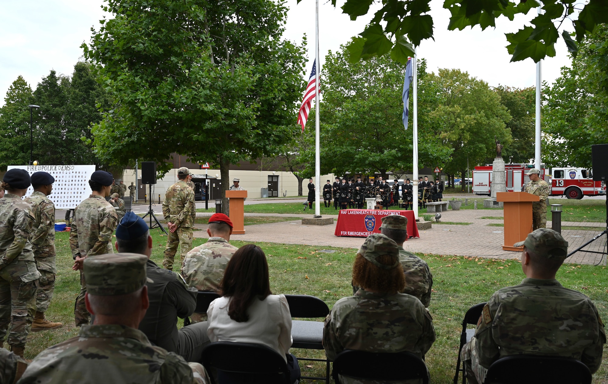 Team Mildenhall leadership, Airmen, civilians and families attend the 9/11 memorial ceremony at Royal Air Force Lakenheath, England, Sept. 11, 2023. The ceremony honored the fallen from the Sept. 11 terrorist attacks and marked the 22nd anniversary of the tragic events, from which there was almost 3,000 victims. (U.S. Air Force photo by Karen Abeyasekere)