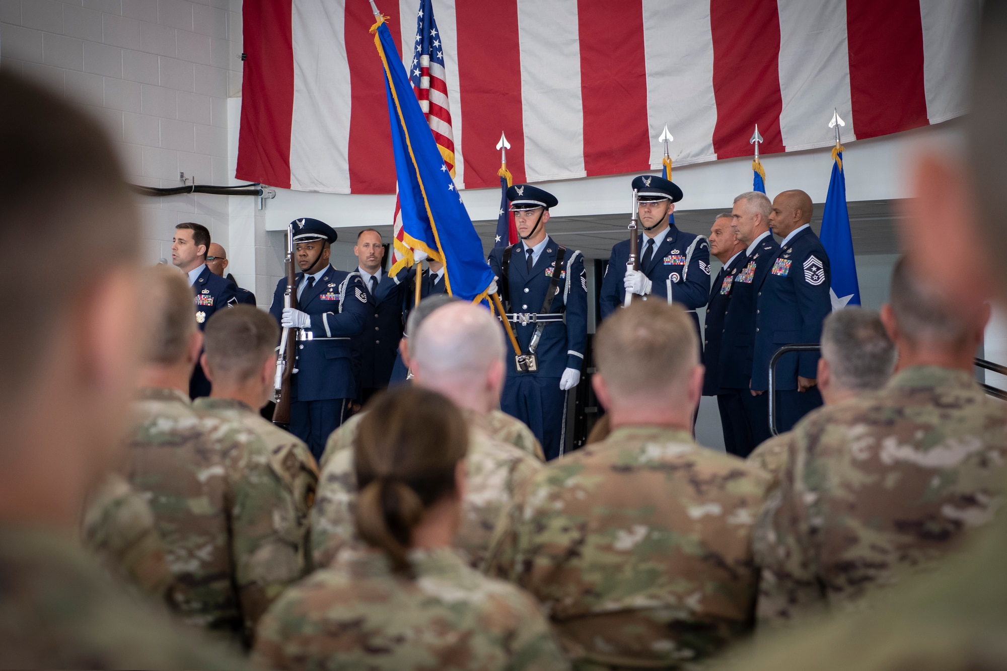 The national anthem is performed by Master Sgt. Andrew Lipian as the 179th Airlift Wing, an Ohio Air National Guard unit, is redesignated as the 179th Cyberspace Wing