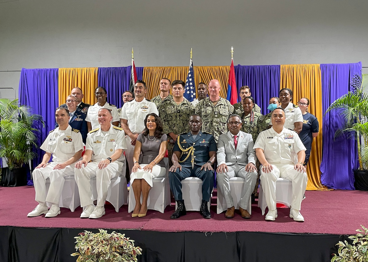 20230908-N-IK388-0047 CARIBBEAN SEA (Sept. 8 2023) The U.S. Ambassador to Trinidad and Tobago, Candace Bond, poses with Rear Adm. James Aiken and members of the Continuing Promise 2023 team during a tour of the medical sites. Continuing Promise 2023 marks the 13th mission to the region since 2007 and the first involving USNS Burlington. The mission will also foster goodwill, strengthen existing partnerships with partner nations, and encourage the establishment of new partnerships among countries, non-government organizations, and international organizations.(U.S. Navy photo by Chief Mass Communication Specialist Stacy M. Atkinsricks)