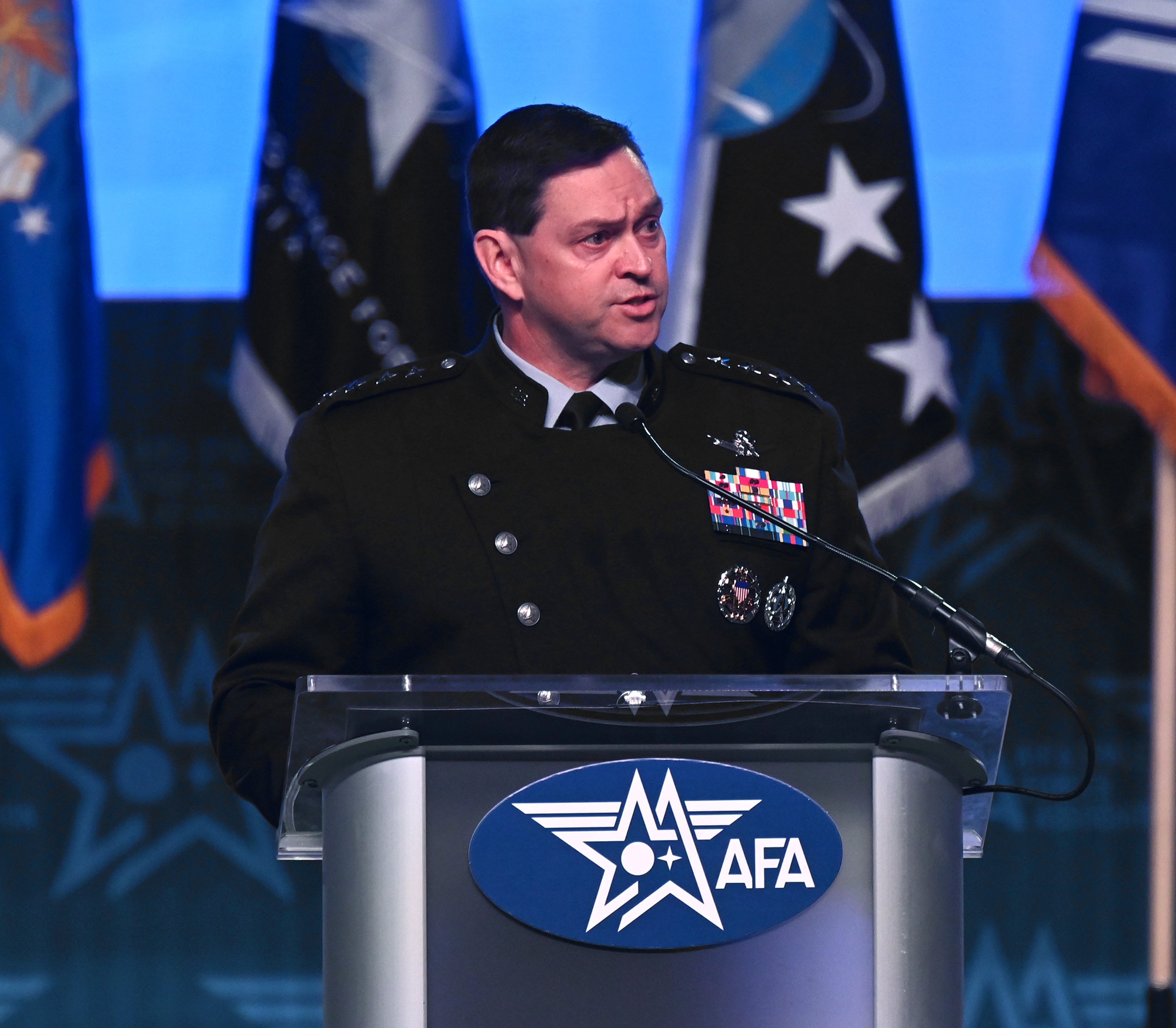 Chief of Space Operations Gen. Chance Saltzman delivers a keynote address at the Air and Space Forces Association’s Air, Space and Cyber Conference in National Harbor, Md., Sept 12, 2023. (U.S. Air Force photo by Andy Morataya)