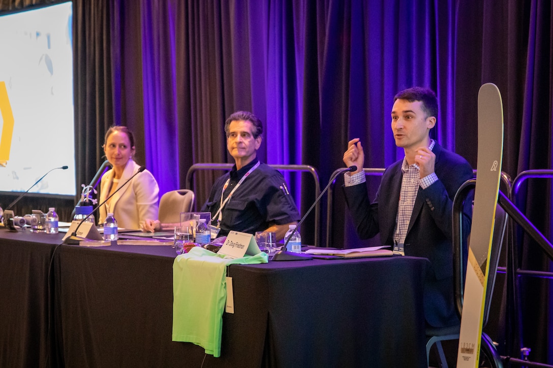 Dr. Doug Friedman, CEO of the DoD Manufacturing Innovation Institute, BioMADE, speaks during a breakout session at the Emerging Technologies for Defense Conference and Exhibition titled “Game Changers – Biotechnology,” alongside R&E’s Principal Director for Biotechnology, Dr. Kate Sixt and CEO of BioFab, Dean Kamen, August 29, 2023.