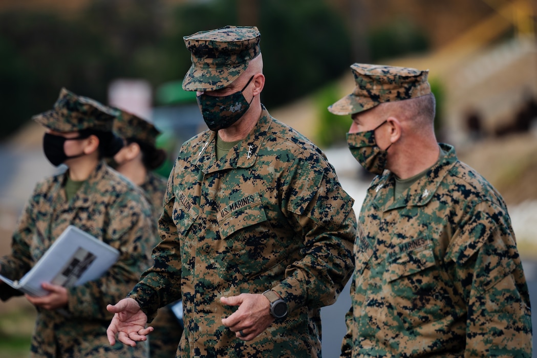 Lt. Gen. David G. Bellon, Commander, Marine Forces Reserve (MARFORRES), tours Camp Talega with Col. Craig C. Ullman, Commanding Officer, Reserve Support Unit-West (RSU-West), aboard Camp Pendleton, California on Dec. 17, 2020. RSU-West conducts pre- and post-deployment processing of Individual Augments and activated Reserve units in order to support service manpower requirements that enable integration of the Total Force during mobilization. (U.S. Marine Corps photo by LCpl. Ryan Schmid) (U.S. Marine Corps photo by LCpl. Ryan Schmid)