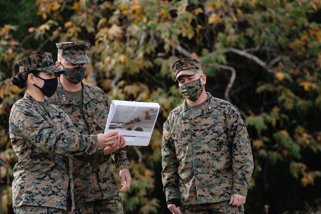 Lt. Gen. David G. Bellon, Commander, Marine Forces Reserve (MARFORRES), tours Camp Talega with Col. Craig C. Ullman, Commanding Officer, Reserve Support Unit-West (RSU-West), aboard Camp Pendleton, California on Dec. 17, 2020. RSU-West conducts pre- and post-deployment processing of Individual Augments and activated Reserve units in order to support Service manpower requirements that enable integration of the Total Force during mobilization. (U.S. Marine Corps photo by LCpl. Ryan Schmid)