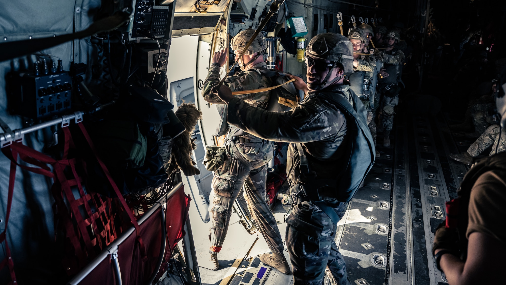 A Texas Army National Guard Soldiers assigned to the 1st Battalion, 143rd Infantry Airborne Regiment prepare to jump from a C-130J Super Hercules from the 386th Air Expeditionary Wing during an airborne operation over Egypt in support of exercise Bright Star 23, Sept. 7, 2023. Bright Star 23 is a multilateral U.S. Central Command exercise held with the Arab Republic of Egypt across air, land, and sea domains that promotes and enhances regional security and cooperation, and improves interoperability in irregular warfare against hybrid threat scenarios. (U.S. Air Force photo by Staff Sgt. Kevin Long)