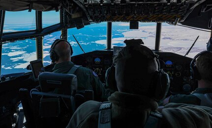 Aircrew from the 109th Airlift Wing fly an LC-130 Hercules over the Baffin Bay in Greenland, May 12, 2023.