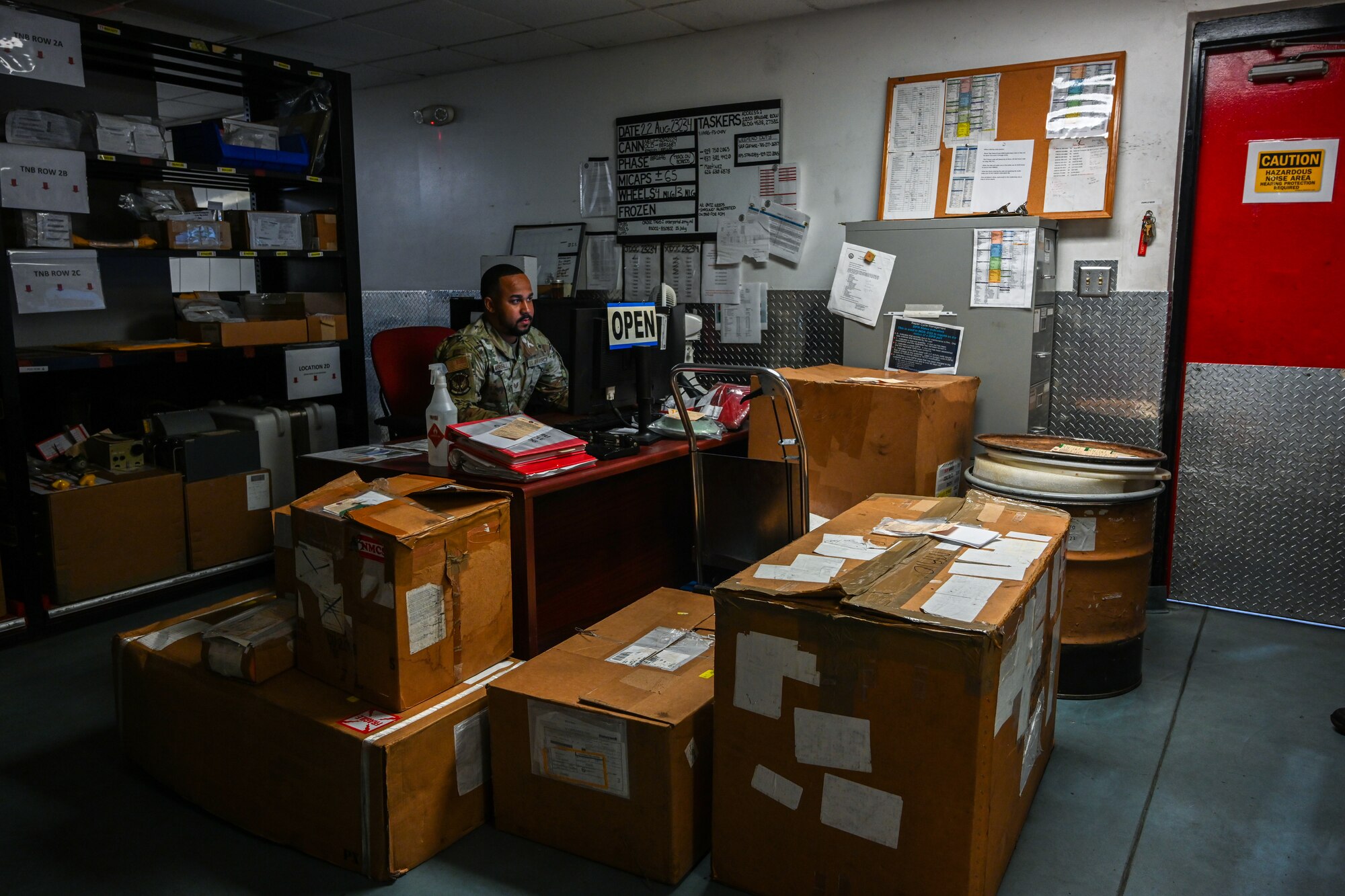 Tech. Sgt. Delvin Marshall, 4th Logistics Readiness Squadron decentralized material supply non-commissioned officer in charge,  processes an asset package into the integrated logistics system to be sent for repair at Seymour Johnson Air Force Base, Seymour Johnson Air Force Base, North Carolina, Aug. 22, 2023.