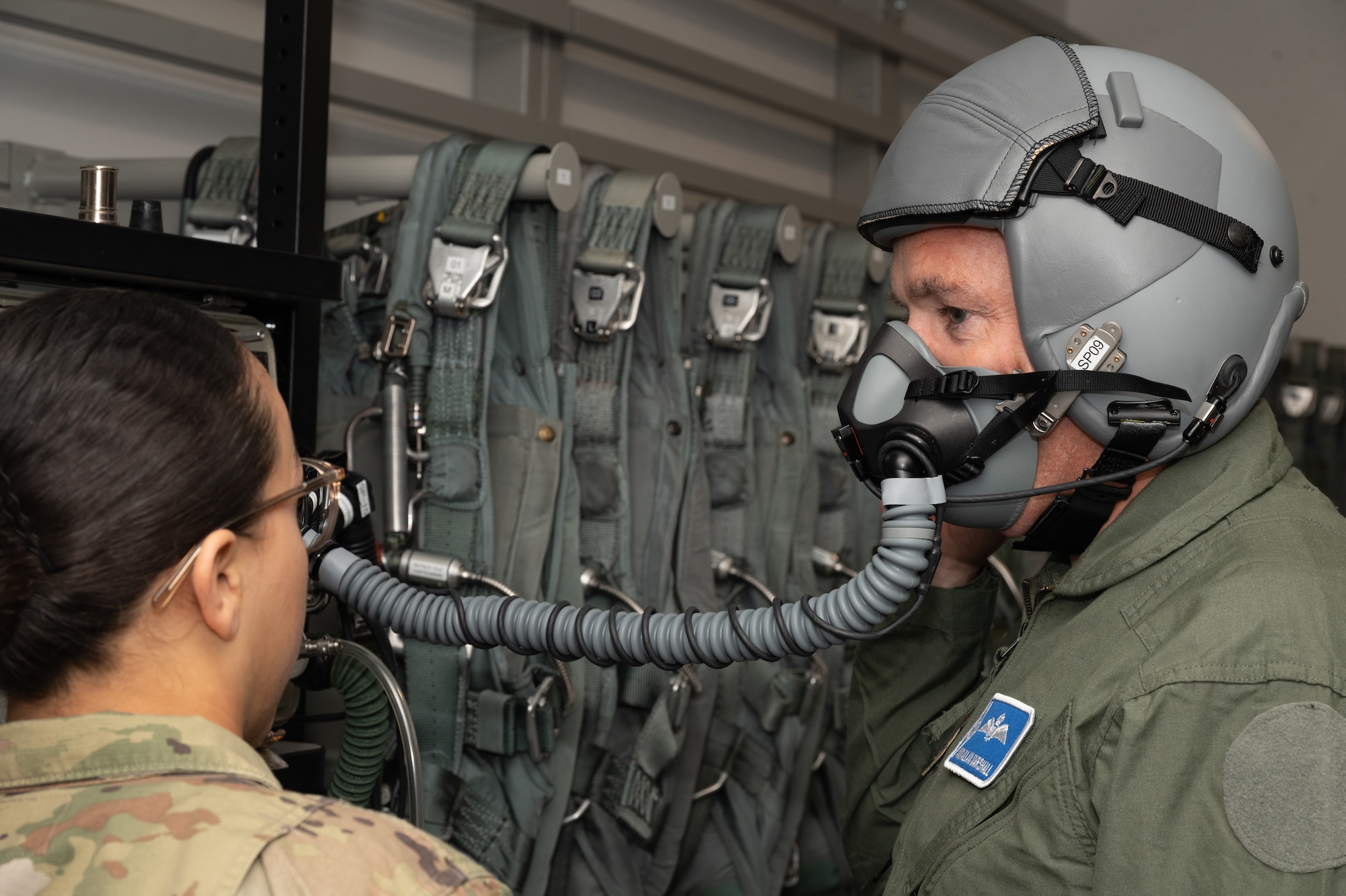Royal Air Force Air Vice-Marshal Allan Marshall, Ministry of Defense assistant chief of defense staff, conducts a preflight helmet test at Whiteman Air Force Base, Mo., Sept. 8, 2023. Marshall’s visit was used to get a better understanding of the U.S. Air Force B-2 Spirit stealth bomber’s capabilities to penetrate an adversary's most sophisticated defenses. (U.S. Air Force photo by Airman 1st Class Joseph Garcia)