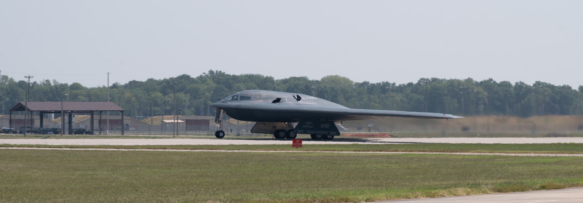 Royal Air Force Air Vice-Marshal Allan Marshall, Ministry of Defense assistant chief of defense staff, takes off in a U.S. Air Force B-2 Spirit stealth bomber at Whiteman Air Force Base, Mo., Sept. 8, 2023. Marshall’s visit helped show the U.S. Air Force’s ability to respond to a threat against itself or its NATO allies and partners. (U.S. Air Force photo by Airman 1st Class Joseph Garcia)