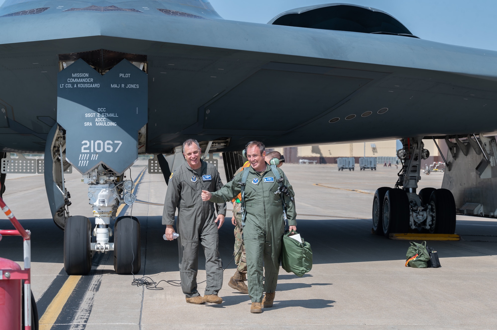 Royal Air Force Air Vice-Marshal Allan Marshall, Ministry of Defense assistant chief of defense staff, exits a U.S. Air Force B-2 Spirit stealth bomber at Whiteman Air Force Base, Mo., Sept. 8, 2023. Marshall’s visit was intended to give him a better understanding of the B-2’s capabilities to penetrate an adversary's most sophisticated defenses. (U.S. Air Force photo by Airman 1st Class Joseph Garcia)