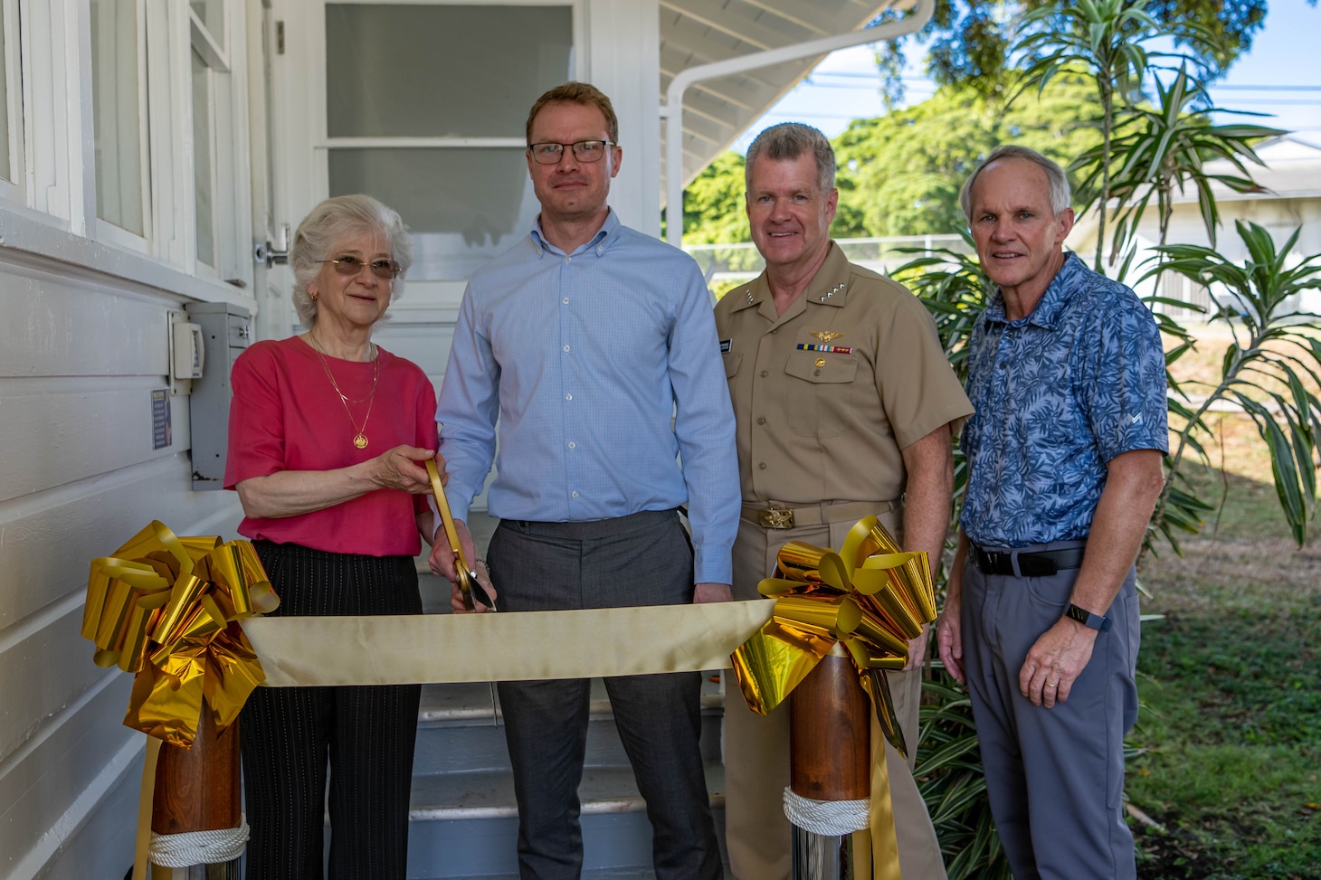 From left to right: Retired Vice Adm. Ann Rondeau, president of the Naval Postgraduate School; Dr. Joe Hooper, vice provost of NPS; Adm. Samuel Paparo, commander, U.S. Pacific Fleet; and retired Vice Adm. Phil Sawyer take part in cutting the ribbon for the new NPS academic center on Joint Base Pearl Harbor-Hickam, Sep. 8, 2023.