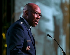 Air Force Chief of Staff Gen. CQ Brown, Jr. delivers a keynote address at the Air and Space Forces Association’s Air, Space and Cyber Conference in National Harbor, Md., Sept 12, 2023. (U.S. Air Force photo by Andy Morataya)