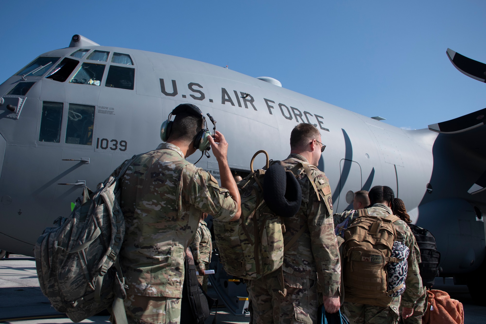 Airmen from Dobbins Air Reserve Base, Ga. board a C-130H3 on the flight line at Dobbins Air Reserve Base, Ga.