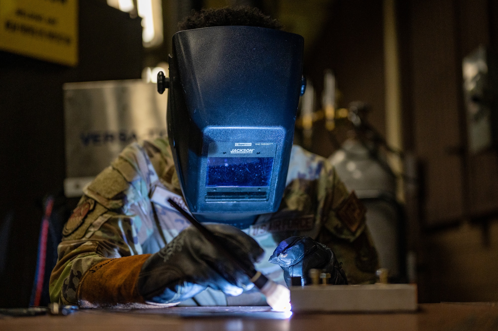 U.S. Air Force Airman 1st Class Jordan Green, 51st Maintenance Squadron metals technician, practices welding at Osan Air Base, Republic of Korea, Sept. 7, 2023. Green trained his welding capabilities to enhance skills for his daily operations. Implementing consistent training as a metals technician helps develop innovative and highly skilled individuals to accomplish the 51st Fighter Wing mission of keeping aircraft ready to fight at a moment’s notice. (U.S. Air Force photo by Staff Sgt. Thomas Sjoberg)