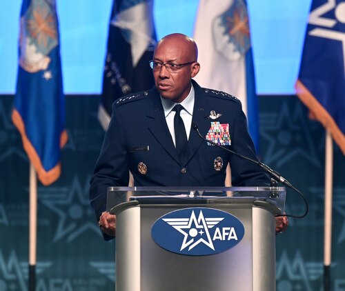 Air Force Chief of Staff Gen. CQ Brown, Jr. delivers a keynote address at the Air and Space Forces Association’s Air, Space and Cyber Conference in National Harbor, Md., Sept 12, 2023. (U.S. Air Force photo by Andy Morataya)