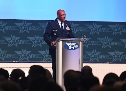 Air Force Chief of Staff Gen. CQ Brown, Jr. delivers a keynote address at the Air and Space Forces Association’s Air, Space and Cyber Conference in National Harbor, Md., Sept 12, 2023. (U.S. Air Force photo by Andy Morataya)