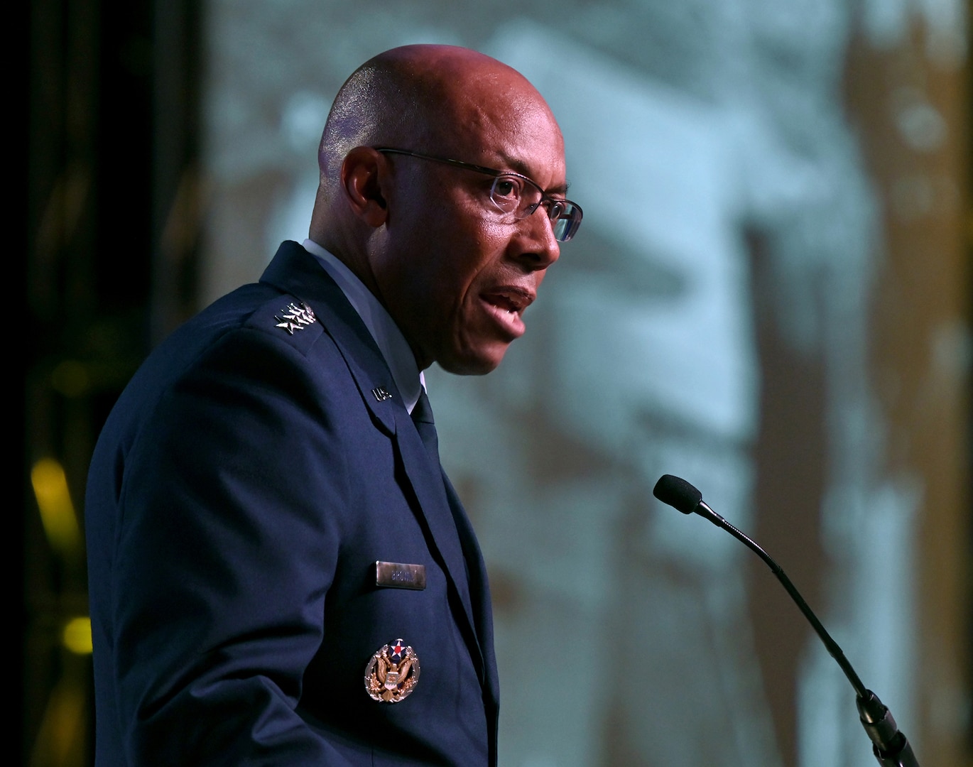 Air Force Chief of Staff Gen. CQ Brown, Jr. delivers a keynote address at the Air and Space Forces Association’s Air, Space and Cyber Conference in National Harbor, Md., Sept 12, 2023. (U.S. Air Force photo by Andy Morataya)