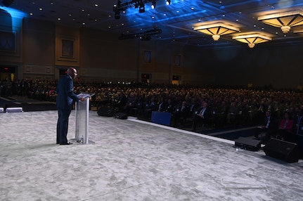 Air Force Chief of Staff Gen. CQ Brown, Jr. delivers a keynote address at the Air and Space Forces Association’s Air, Space and Cyber Conference in National Harbor, Md., Sept 12, 2023. (U.S. Air Force photo by Andy Morataya)