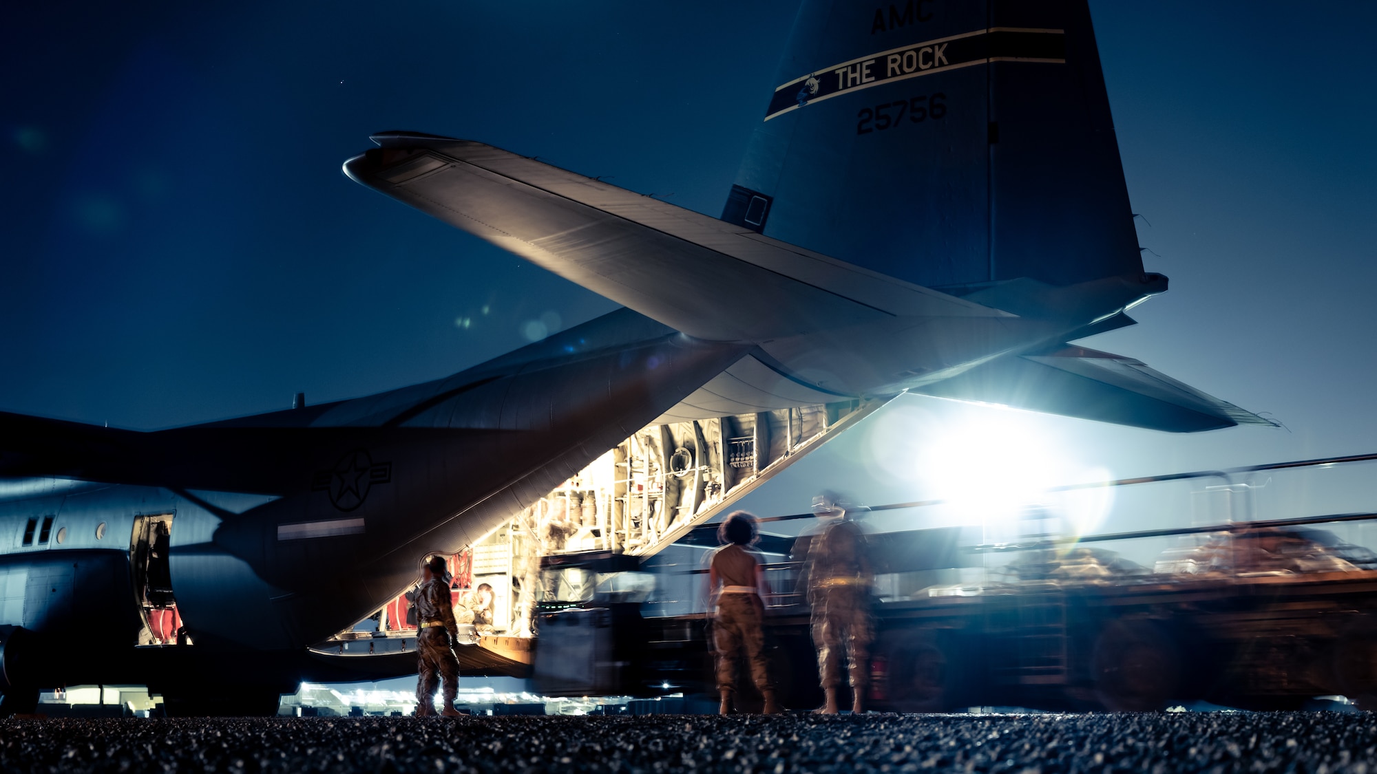 A U.S. Air Force C-130J Super Hercules from the 61st Expeditionary Airlift Squadron at the 386th Air Expeditionary Wing receives cargo and is prepped for take off to support exercise Bright Star 23 at Ali Al Salem Air Base, Kuwait, Sept. 7, 2023. Bright Star 23 is a multilateral U.S. Central Command exercise held with the Arab Republic of Egypt across air, land, and sea domains that promotes and enhances regional security and cooperation, and improves interoperability in irregular warfare against hybrid threat scenarios. (U.S. Air Force photo by Staff Sgt. Kevin Long)