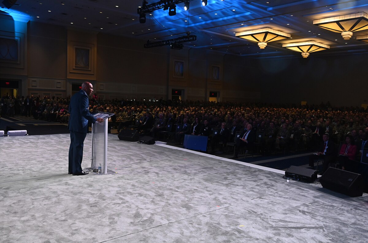 Air Force Chief of Staff Gen. CQ Brown, Jr. delivers a keynote address at the Air and Space Forces Association’s Air, Space and Cyber Conference in National Harbor, Md., Sept 12, 2023. (U.S. Air Force photo by Andy Morataya)