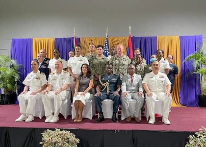 20230908-N-IK388-0047 CARIBBEAN SEA (Sept. 8 2023) The U.S. Ambassador to Trinidad and Tobago, Candace Bond, poses with Rear Adm. James Aiken and members of the Continuing Promise 2023 team during a tour of the medical sites. Continuing Promise 2023 marks the 13th mission to the region since 2007 and the first involving USNS Burlington. The mission will also foster goodwill, strengthen existing partnerships with partner nations, and encourage the establishment of new partnerships among countries, non-government organizations, and international organizations.(U.S. Navy photo by Chief Mass Communication Specialist Stacy M. Atkinsricks)