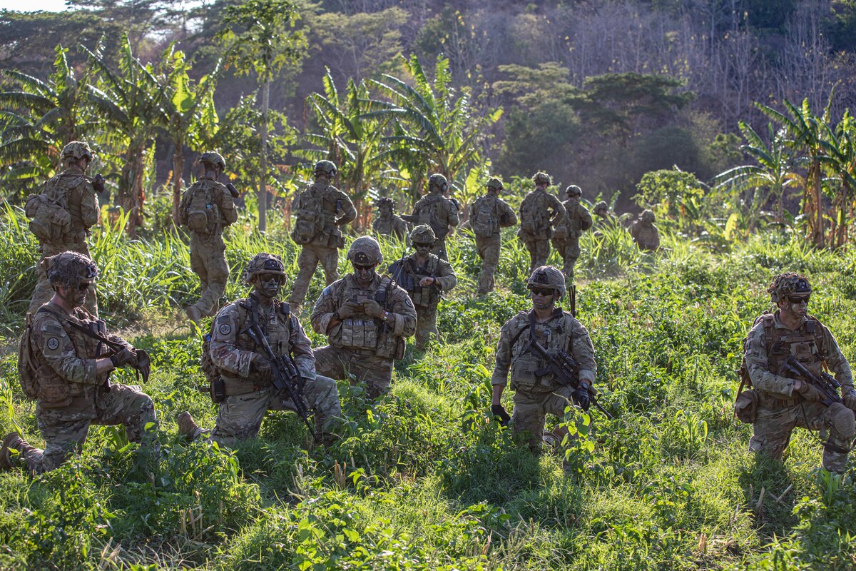Soldiers patrol in dense foliage.