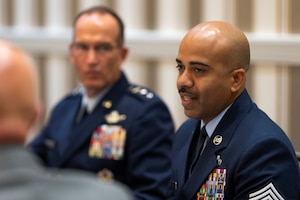 Lt. Gen. John P. Healy, chief of the Air Force Reserve and commander, Air Force Reserve Command and AFRC command Chief Master Sgt. Israel Nuñez participate in a media roundtable at the Air and Space Forces Association’s Air, Space and Cyber Conference on Sept. 12. The two leaders shared their priorities for the command with five regional and national journalists. (photo by Tech. Sgt. Brent Skeen)