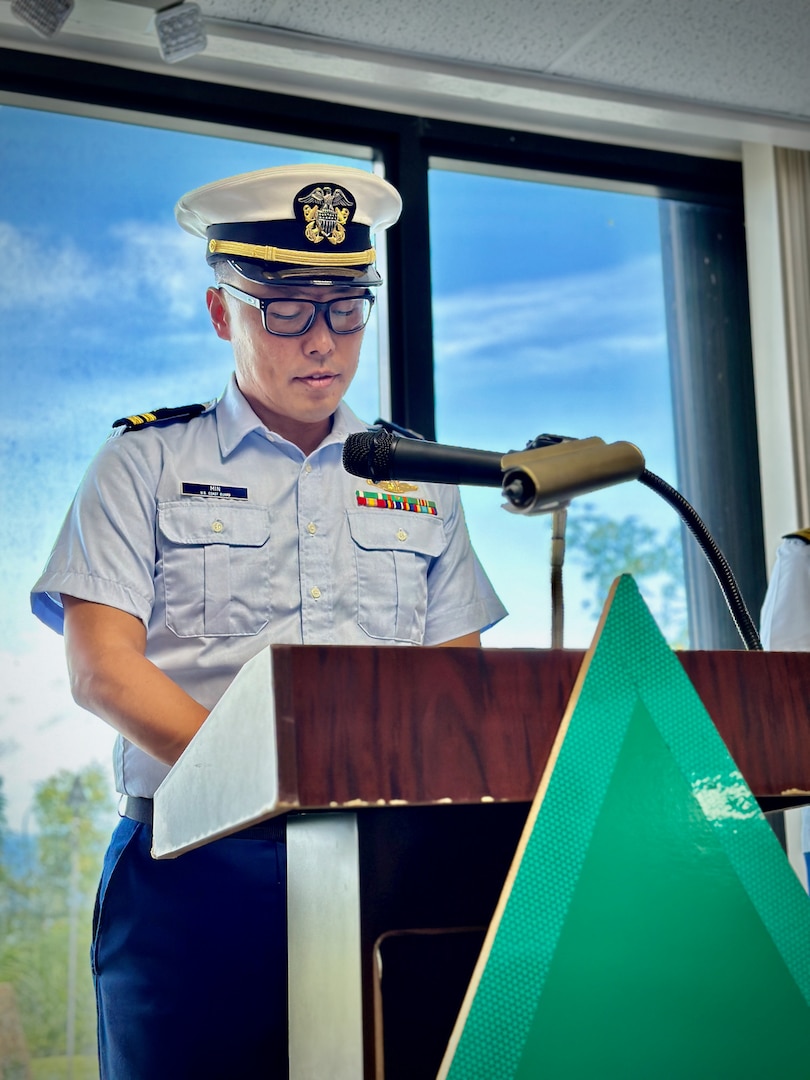 Lt. John Min, U.S. Coast Guard chaplain, offers an invocation for the change of command ceremony where Cmdr. Christopher Jasnoch took command of USCGC Hickory (WLB 212) from Cmdr. Linden Dahlkemper held at the Top o’the Mar in Guam on Wednesday, Sep. 13, 2023. The ceremony also signaled the official shift of the 225-foot seagoing buoy tender in Guam from USCGC Sequoia (WLB 215), currently at its major maintenance availability (MMA) at the U.S. Coast Guard Yard in Baltimore, to USCGC Hickory, which is just completing MMA and will now serve the Western Pacific. (U.S. Coast Guard photo by Chief Warrant Officer Sara Muir)