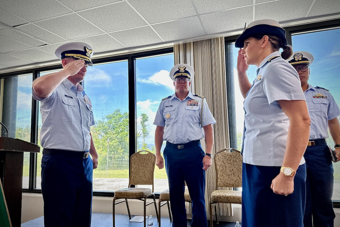 Cmdr. Christopher Jasnoch takes command of USCGC Hickory (WLB 212) from Cmdr. Linden Dahlkemper in a change of command ceremony held at the Top o’the Mar in Guam on Wednesday, Sep. 13, 2023. The ceremony also signaled the official shift of the 225-foot seagoing buoy tender in Guam from USCGC Sequoia (WLB 215), currently at its major maintenance availability (MMA) at the U.S. Coast Guard Yard in Baltimore, to USCGC Hickory, which is just completing MMA and will now serve the Western Pacific. (U.S. Coast Guard photo by Chief Warrant Officer Sara Muir)