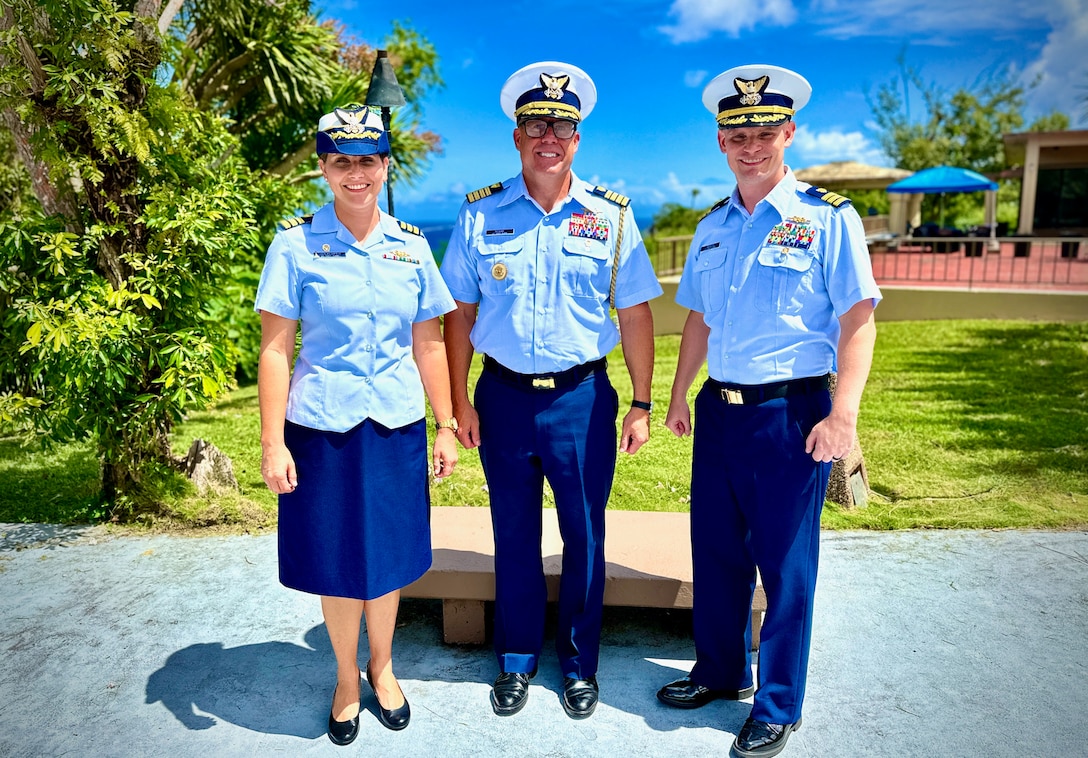 Cmdr. Christopher Jasnoch (left), the new commanding officer of USCGC Hickory (WLB 212), stands for a photo with Cmdr. Linden Dahlkemper (right), the former commanding officer, and Capt. Blake Novak (center), the U.S. Coast Guard 14th District chief of staff, following a change of command ceremony held at the Top o’the Mar in Guam on Wednesday, Sep. 13, 2023. The ceremony also signaled the official shift of the 225-foot seagoing buoy tender in Guam from USCGC Sequoia (WLB 215), currently at its major maintenance availability (MMA) at the U.S. Coast Guard Yard in Baltimore, to USCGC Hickory, which is just completing MMA and will now serve the Western Pacific. (U.S. Coast Guard photo by Chief Warrant Officer Sara Muir)