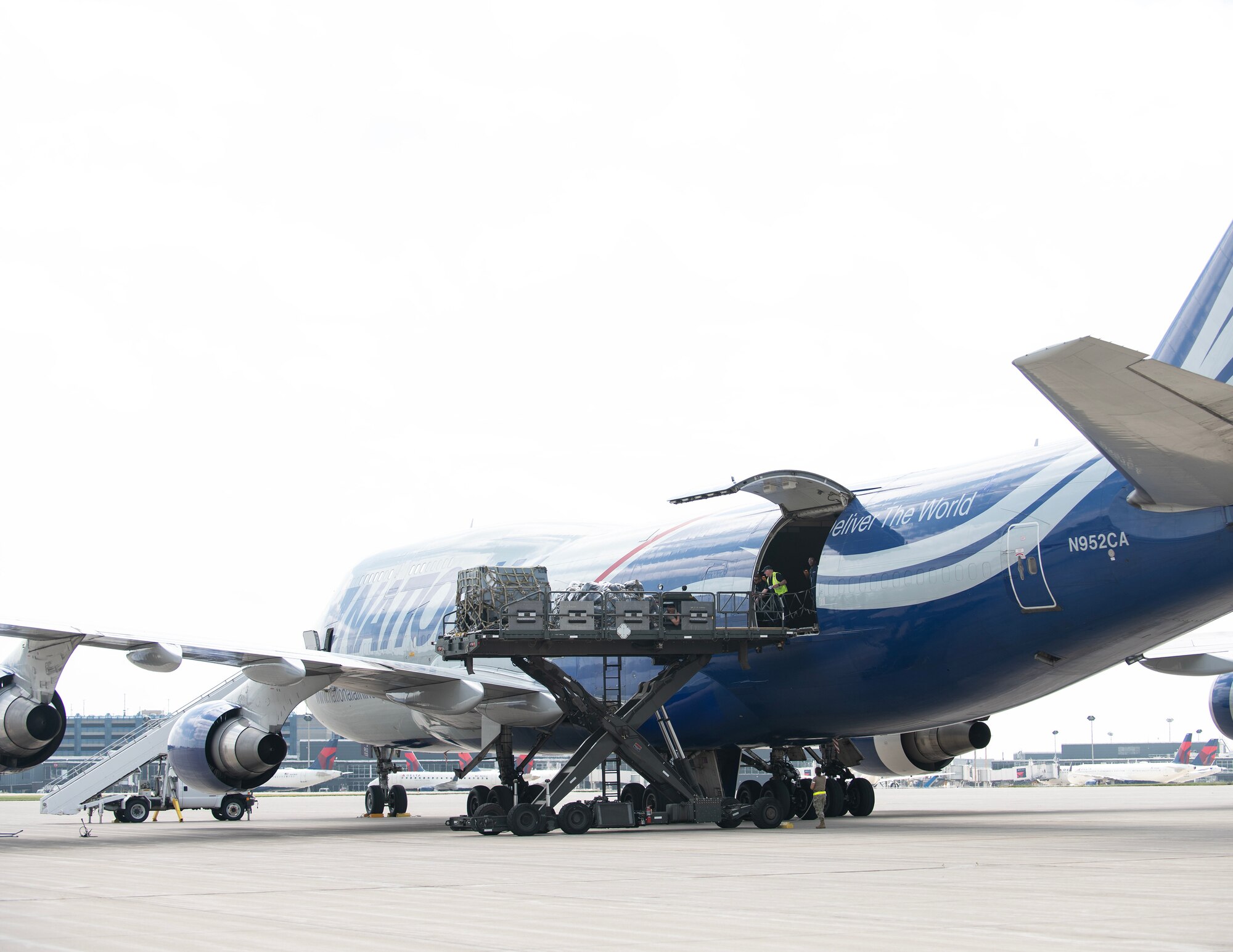 U.S. Air Force Airmen from the 133rd Aerial Transportation Function prepare to load a Boeing 747 transport aircraft with cargo in St. Paul, Minn., Aug. 24, 2023.