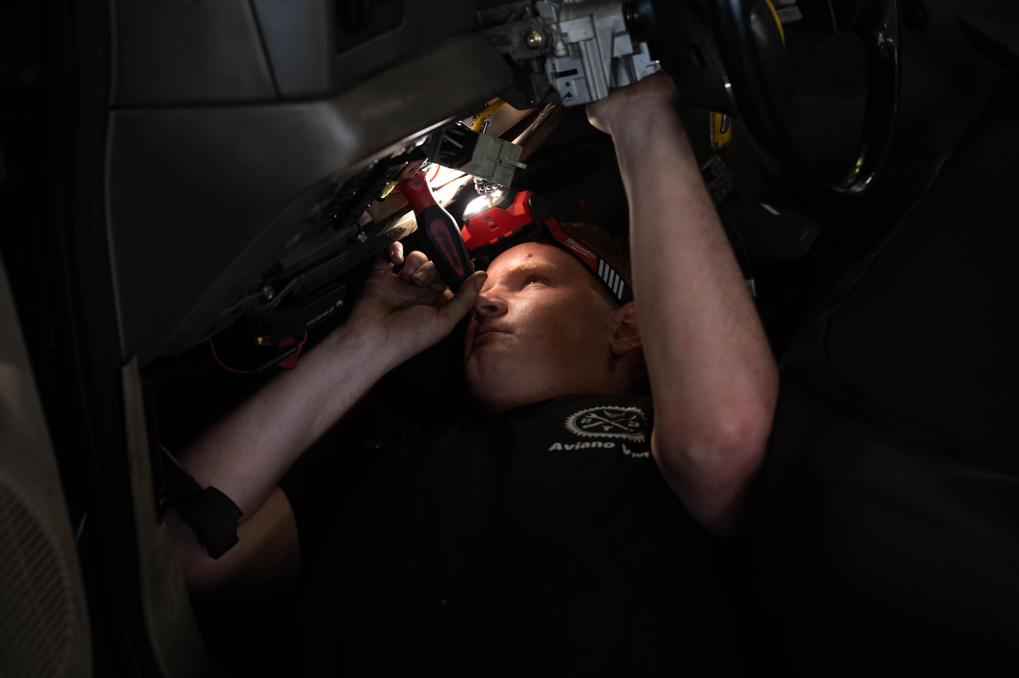 U.S. Air Force Airman Caleb Johnston, 31st Logistics Readiness Squadron vehicle maintenance apprentice, fixes a steering column.