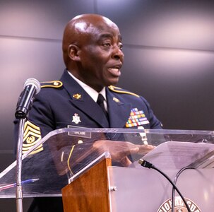 Command Sgt. Maj. Kehinde Salami, of Homewood, Illinois, the newly appointed Illinois National Guard Command Senior Enlisted Leader, thanks family, friends, and fellow Illinois National Guard members, for their support during the change of responsibility ceremony Sept. 8 at the Illinois Military Academy, Camp Lincoln, Springfield, Illinois.