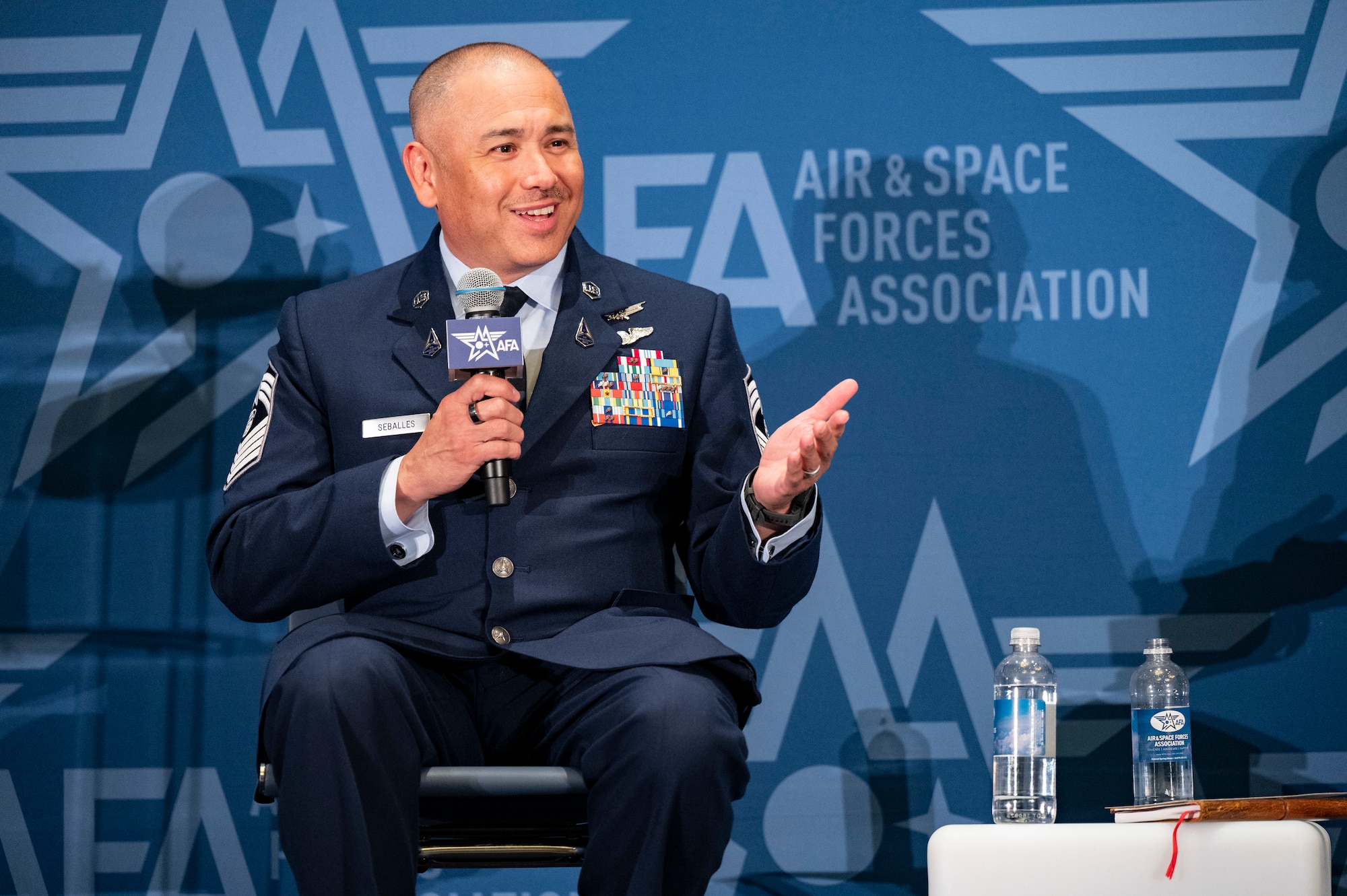U.S. Space Force Chief Master Sgt. James Seballes, Senior Enlisted Leader of Space Training and Readiness Command, addresses attendees during a panel discussion at the Air & Space Forces Association’s 2023 Air, Space & Cyber Conference in National Harbor, Maryland, Sept. 12, 2023. Seballes joined U.S. Space Force Maj. Gen. Steven Whitney, Director of Staff, Headquarters, U.S. Space Force, and Katharine Kelley, Deputy Chief of Space Operations for Human Capital, on the “Amplifying the Guardian Spirit” panel. (U.S. Air Force photo by 1st Lt. Charles Rivezzo)