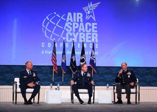  Maj. Gen. Douglas A. Schiess, Combined Force Space Component Command commander and Space Operations Command vice commander, answers a question during a panel at the Air and Space Forces Association's Air Space and Cyber Conference in National Harbor, M.D. September 12, 2023. (U.S. Air Force photo by Tech. Sgt. Stephanie Serrano)