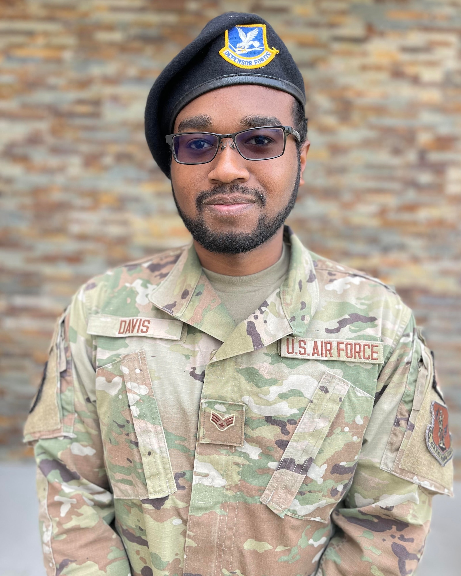 Senior Airman Kyle Davis, 168th Wing Security Forces, poses for a photo after sharing his Air Guard story "Why I Serve" story with 168th members during the unit's August 2023 drill weekend. (U.S. Air National Guard photo by Senior Master Sgt. Julie Avey)