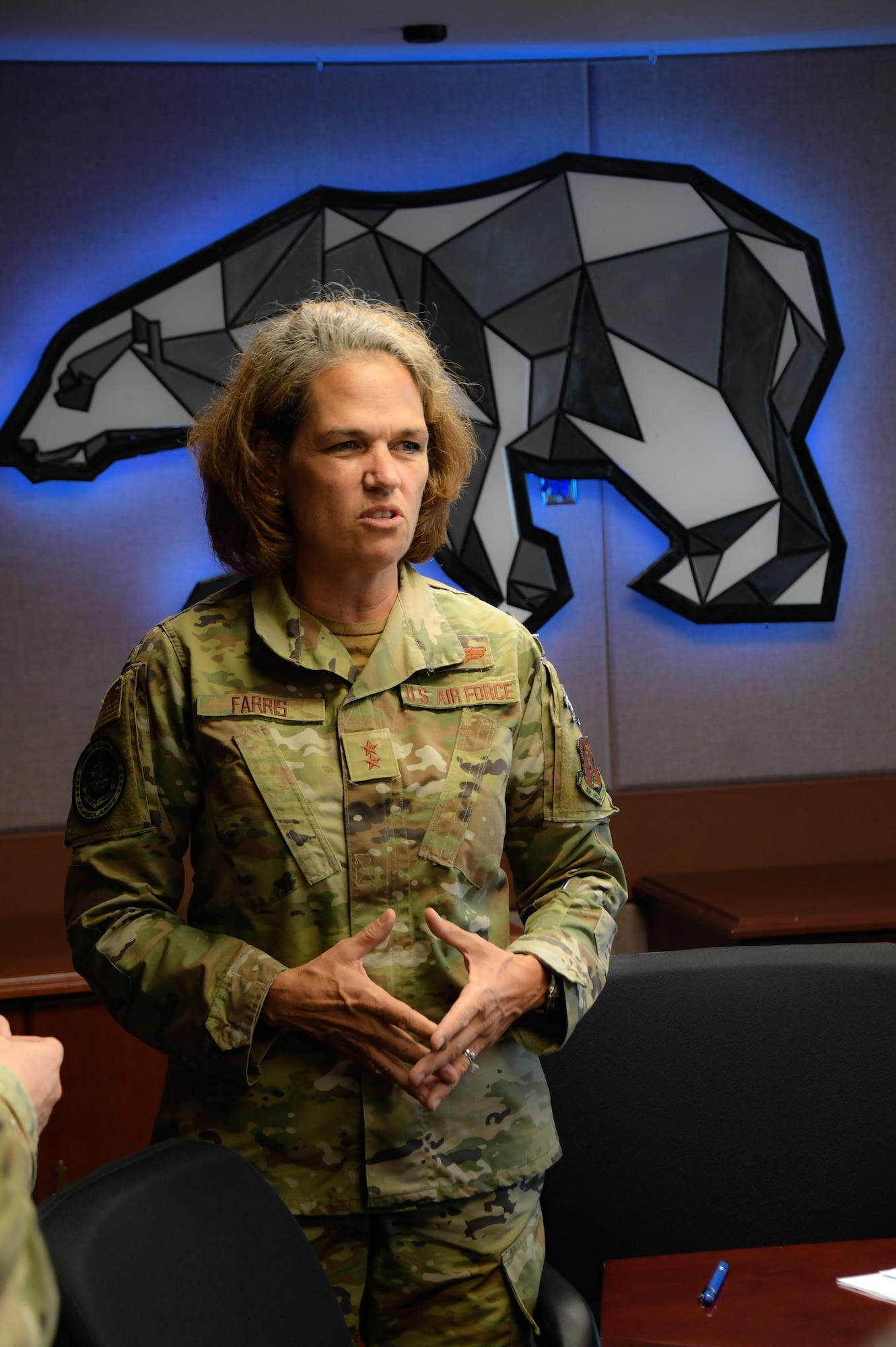 Maj. Gen. Laurie M. Farris, Air National Guard Assistant to the commander, Air Mobility Command, speaks to the 168th Wing leadership while visiting the farthest-north KC-135 unit, August 22, 2023. Farris met with leadership from various organizations, and most of Farris' visit was spent talking with Guardsmen and recognizing their service. (U.S. Air National Guard photo by Senior Master Sgt. Julie Avey)