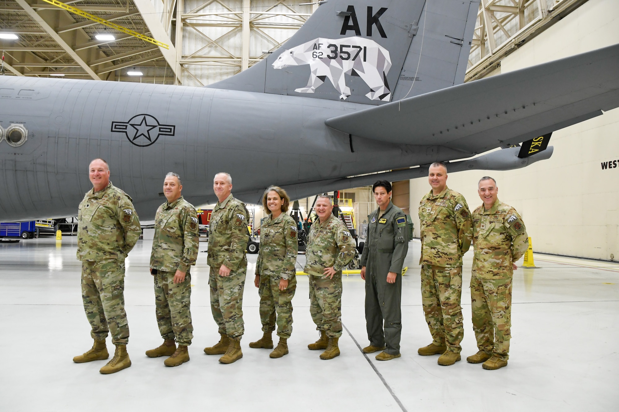 Maj. Gen. Laurie M. Farris, Air National Guard Assistant to the commander, Air Mobility Command, poses for a photo with members of the 168th Wing, the farthest-north KC-135 refueling unit, while visiting the 168th Maintenance Group. (U.S. Air National Guard photo by Senior Master Sgt. Julie Avey)
