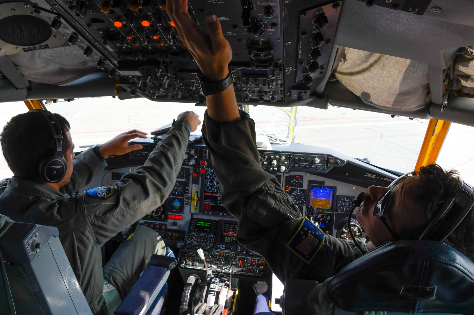 U.S. Air Force Capt. Steven Billa and 1st Lt. Sam Kendall, pilots assigned to the 168th Wing, Alaska Air National Guard, conduct pre-flight checks prior to an air refueling mission during the Red Flag-Alaska 23-3 exercise, August 15, 2023. Red Flag-Alaska provides realistic warfighting training scenarios and prepares Air Force, Joint, and Coalition aircrews to fight against peer-level adversaries in any combat environment. Global reach is an essential aspect of the U.S. military's warfighting ability, and aerial refueling helps to make global reach a reality. (U.S. Air National Guard photo by Senior Master Sgt. Julie Avey)