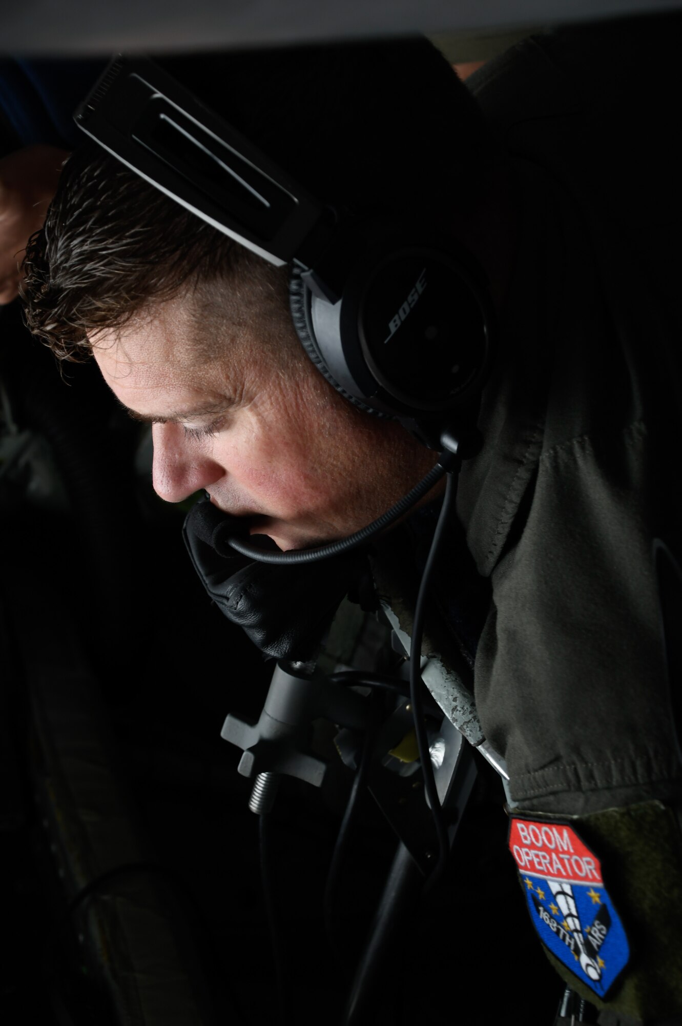 U.S. Air Force Senior Master Sgt. Christian Willey, 168th Wing aircrew Boom operator refuels during Red Flag-Alaska 23-3 over Alaska, August 15, 2023. Red Flag-Alaska provides realistic warfighting training scenarios and prepares Air Force, Joint, and Coalition aircrews to fight against peer-level adversaries in any combat environment. Global reach is an essential aspect of the U.S. military's warfighting ability, and aerial refueling helps to make global reach a reality. (U.S. Air National Guard photo by Senior Master Sgt. Julie Avey)