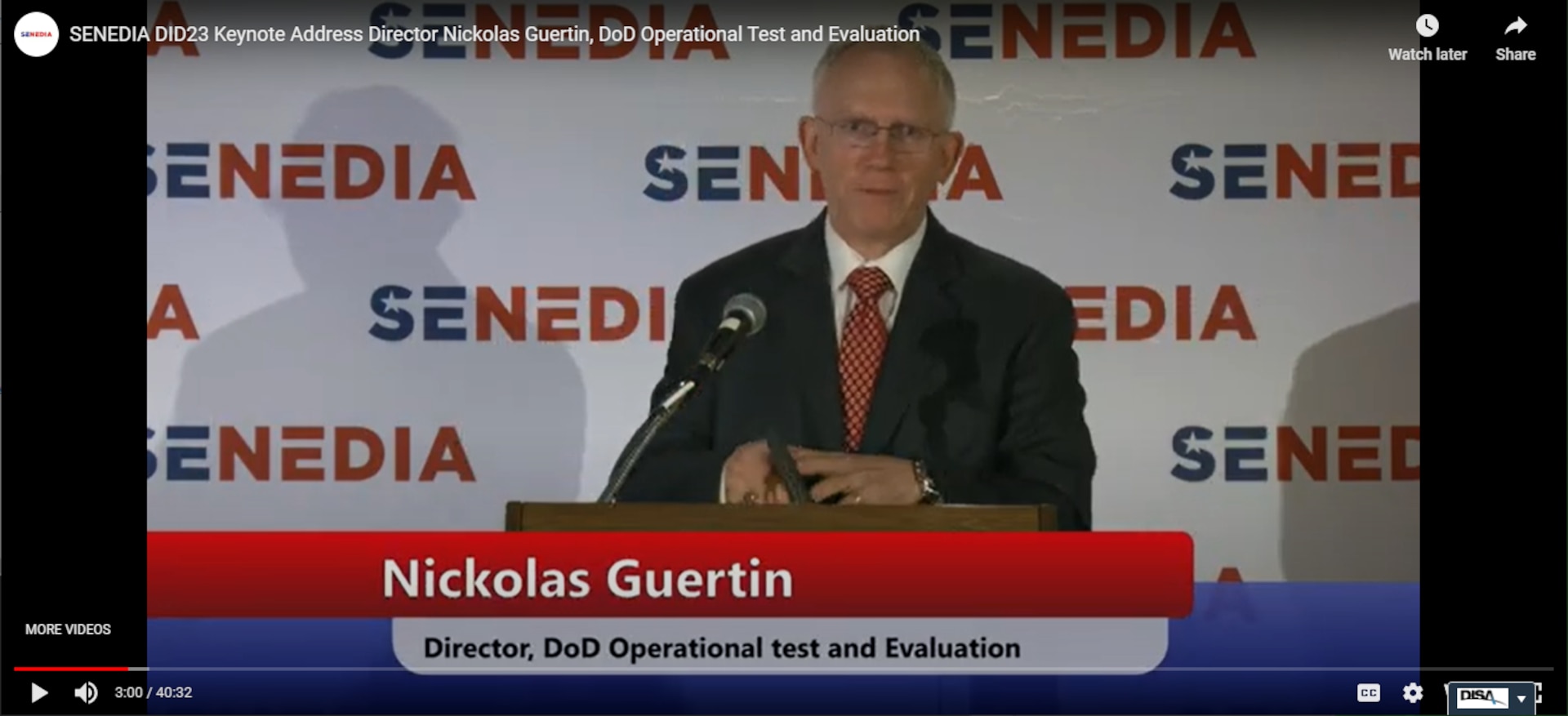 Screen shot of DOT&E Director Honorable Nicholas Guertin Defense Innovation Days Keynote