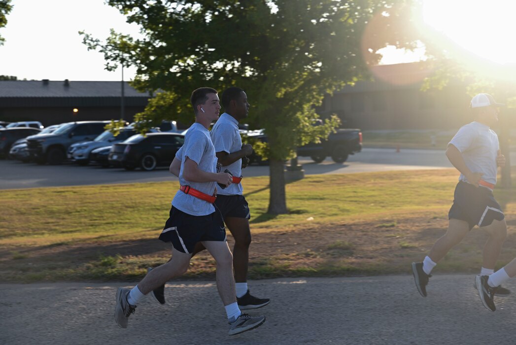 Members assigned to the 17th Training Wing participate in a 5K run during the 11th Annual Blood, Sweat and Stairs event at the Louis F. Garland Department of Defense Fire Academy, Goodfellow Air Force Base, Texas, Sept. 9, 2023. The 5K run contained various field objectives representing the lives lost on Sept. 11, 2001. (U.S. Air Force photo by Airman 1st Class Madison Collier)