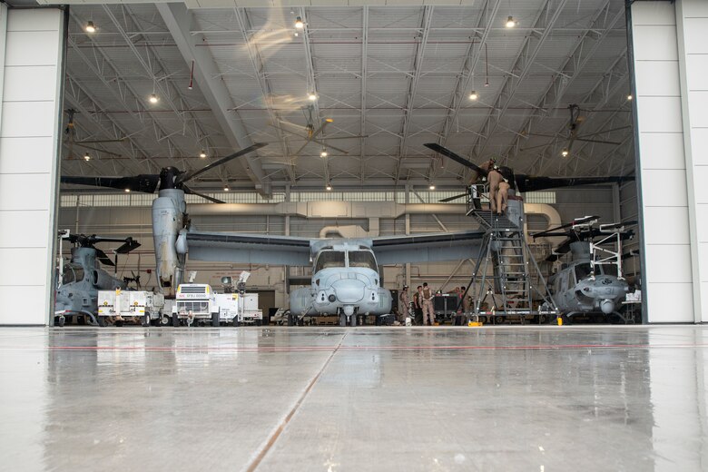 U.S. Marine Corps aircraft attached to Marine Medium Tiltrotor Squadron (VMM) 165 (Reinforced), 15th Marine Expeditionary Unit, are placed in a hangar at Marine Corps Air Station Yuma, Arizona, to shelter from Tropical Storm Hillary while supporting the 15th MEU’s Realistic Urban Training exercise, Aug. 19, 2023. The 15th MEU planned and executed a destructive weather mitigation plan to protect personnel and equipment from the storm and resumed normal training operations after the inclement weather subsided. RUT is a shore-based, MEU-level exercise that provides an opportunity to train and execute operations as a Marine Air-Ground Task Force in urban environments.